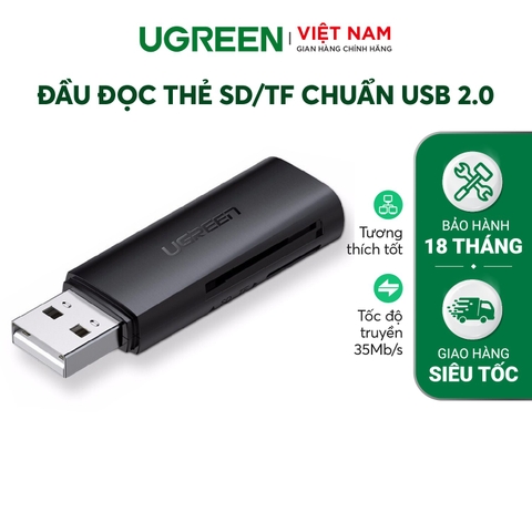 Đầu đọc thẻ nhớ UGREEN CM264 Đọc thẻ SD/TF chuẩn USB 2.0 - Tốc độ truyền 480Mbps Hỗ trợ tối đa lên đến 512GB - 60721-USB2.0-đen