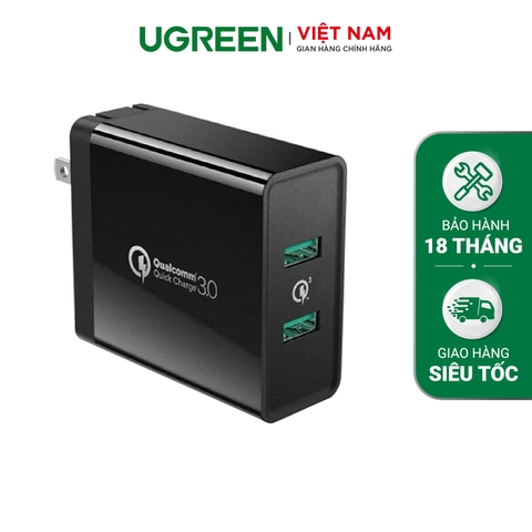 (70151) - Sạc nhanh 2 cổng UGREEN CD161 - Sạc nhanh Quick Charge 3.0, tối đa 18W mỗi cổng - Sạc nhanh cho Samsung S9 S9+ S8 S8+ S7, Huawei Mate 10 P10, Oneplus 5T, Nexus 5X 6P, Xiaomi - Đen