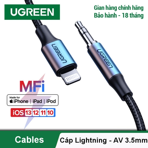 70509-Cáp chuyển đổi Lightning sang Aux 3.5mm UGREEN US315 - Đạt chuẩn Mfi, vỏ bện nylon bền đẹp, chống rối