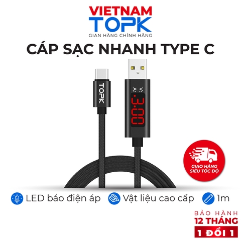 CS0127800312-Cáp sạc nhanh Type-C TOPK AC27 Sạc nhanh 3A Màn hình LED hiển thị điện áp Hàng chính hãng Bảo hành 12 tháng 1 đổi 1 - Đen,Type-C
