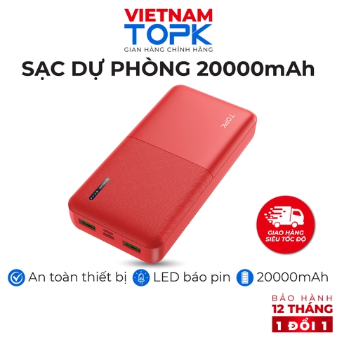 I09200106-Sạc dự phòng 20000mAh TOPK I2009/ I2009P Sạc nhanh 18W PD QC 3.0 2 cổng ra - Hàng chính hãng Bảo hành 12 tháng 1 đổi 1 - I2009P (Sạc nhanh),Đỏ
