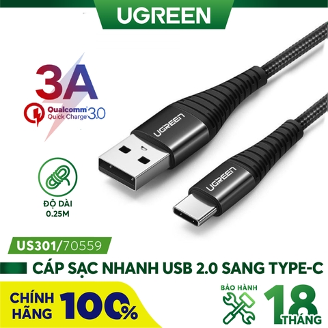 Cáp sạc nhanh Type C UGREEN US301 - Sạc nhanh Quick Charge 3.0 dòng 3A - Đầu cáp silicon chống gập gãy - Đen-2m
