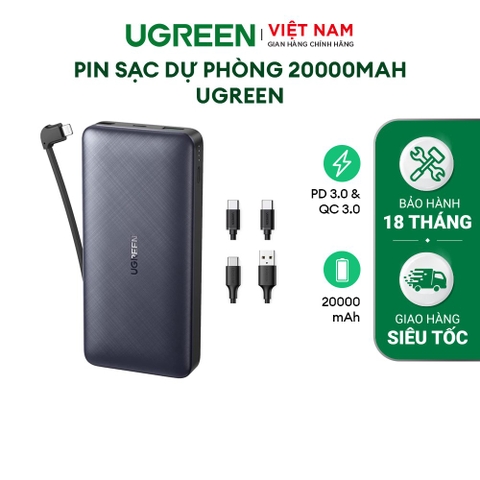 Pin sạc dự phòng 20000mAh UGREEN| Chứng nhận MFI| Sạc nhanh PD 3.0 QC 3.0| Kèm cáp Lightning| Tương thích với Dòng iPhone, Android, Samsung, AirPods| Bảo hành 18 tháng 1 đổi 1| 10400. Xám