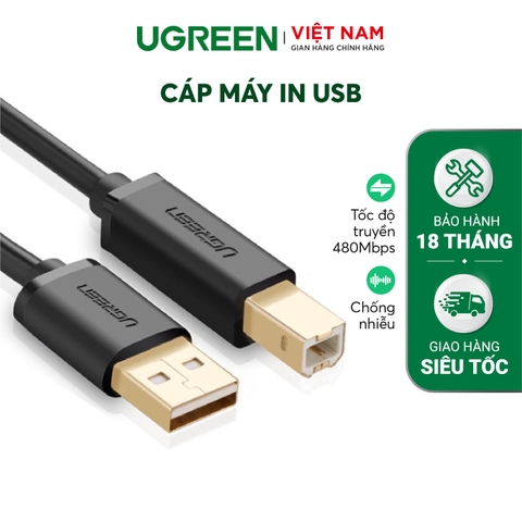20846-Dây máy in USB 2.0 sang USB B UGREEN US135 - Tốc độ truyền lên đến 480Mbps - Dễ sử dụng, không cài đặt driver - 1-Đen-USB 2.0 AM-BM