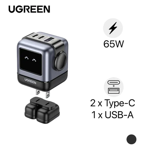 15570-Sạc điện thoại 3 cổng USB-C và USB-A GaN 65W màu đen tạo hình robot chân cắm dẹt Ugreen (15570) - Default