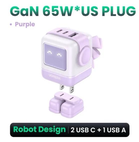 35314-Sạc điện thoại 3 cổng USB-C và USB-A GaN 65W tạo hình robot chân cắm dẹt Ugreen CD361 - tím