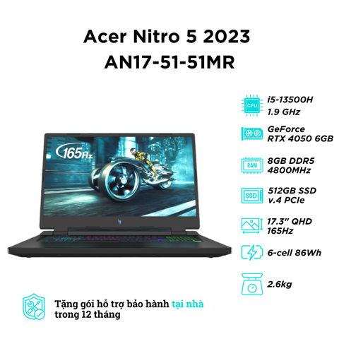 Acer Nitro 5 2023 AN17-51-51MR (i5-13500H | RAM 8GB | SSD 512GB | RTX 4050 6G | 17.3 inch QHD IPS 165Hz)