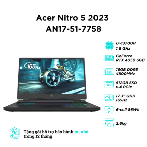 Acer Nitro 5 2023 AN17-51-7758 (i7-13700H | RAM 16GB | SSD 512GB | RTX 4050 6G | 17.3 inch QHD IPS 165Hz)