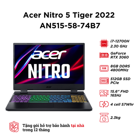 Acer Nitro 5 Tiger 2022 AN515-58-74B7 (i7-12700H | RAM 8GB | SSD 512GB | RTX 3060 | 15.6 inch FHD IPS 165Hz)