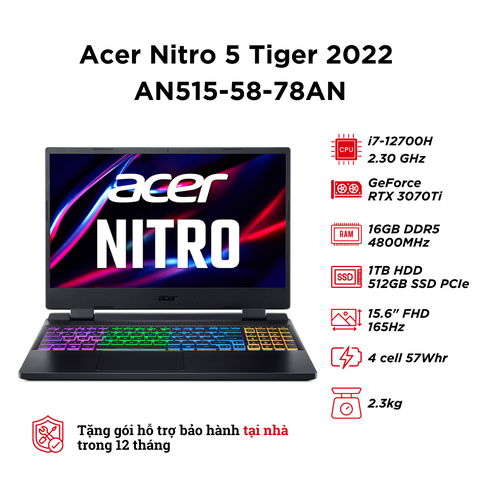 Acer Nitro 5 Tiger 2022 AN515-58-78AN (i7-12700H | RAM 16GB | SSD 512GB + HDD 1TB | RTX 3070Ti | 15.6 inch FHD IPS 165Hz)