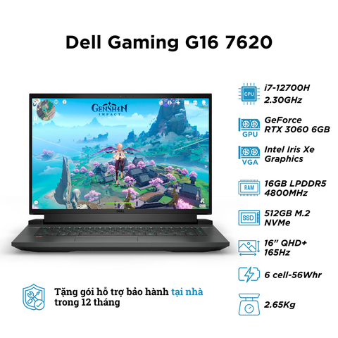 [New 100%] Dell Gaming G16 7620-1866B (i7-12700H | RAM 16GB | SSD 512GB | RTX 3060 6GB | 16 inch QHD+ 165Hz)