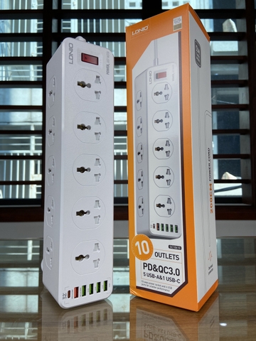 Ổ CẮM ĐIỆN ĐA NĂNG LDNIO SC10610 - 10 CHÂN CẮM 3 CHẤU + 05 CỔNG USB + 01 CỔNG TYPE C