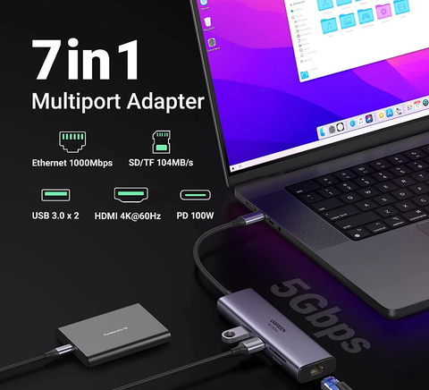 Bộ chuyển USB Type-C to HDMI 4K@60Hz, USB 3.0, đọc thẻ SD/TF, Lan Gigabit Ugreen 20954 hãng