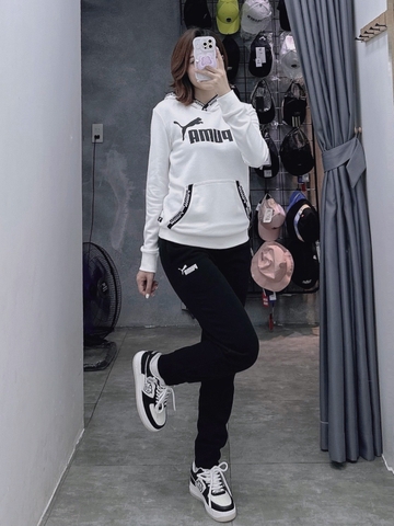 Bộ nỉ Puma Hoodie Women White Black (form Âu)