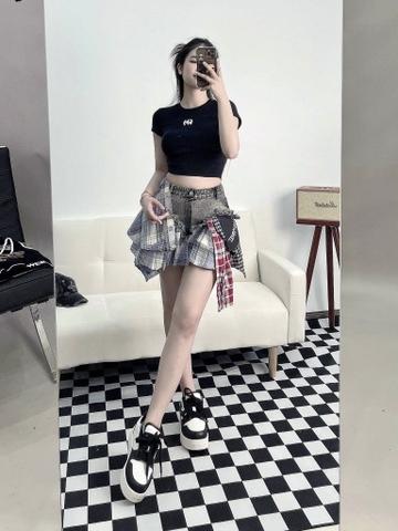 Chân Váy Nữ Weird Market Plaid Patch Denim Skirt Black Red