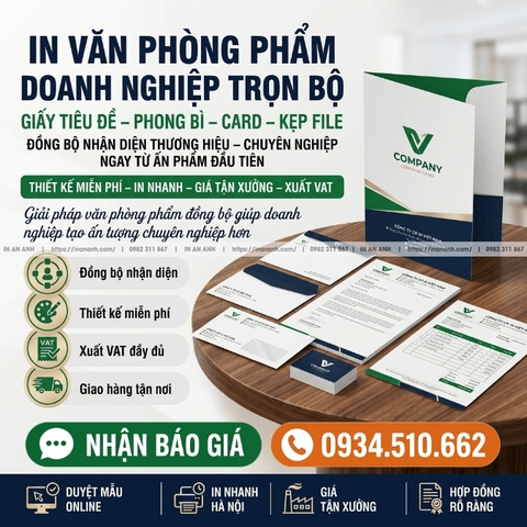 In Văn Phòng Phẩm Doanh Nghiệp Trọn Bộ - Giấy Tiêu Đề, Phong Bì, Card, Kẹp File