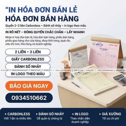 In Hóa Đơn Bán Lẻ, Bán Hàng - Quyển 2-3 Liên Carbonless, Đánh Số, In Logo