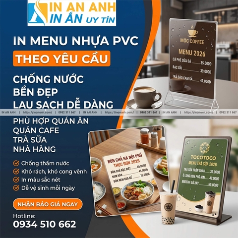 In Menu Nhựa PVC Theo Yêu Cầu - Chống Nước, Bền Đẹp, Lau Sạch Dễ Dàng