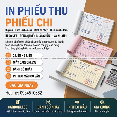 In Phiếu Thu, Phiếu Chi - Quyển 2-3 Liên Carbonless, Đánh Số, Theo Mẫu Kế Toán
