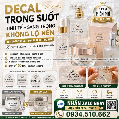 In Decal Trong Suốt Theo Yêu Cầu Thiết Kế Miễn Phí Theo Yêu Cầu
