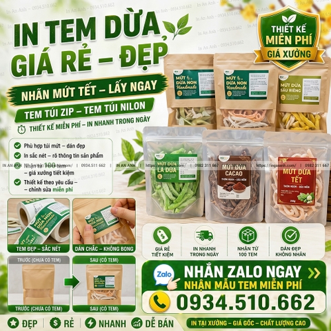 In Tem Decal Dán Hộp Mứt Tết, Kẹo Dừa, Ô Mai