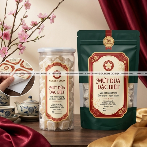 In Tem Decal Dán Hộp Mứt Tết, Kẹo Dừa, Ô Mai