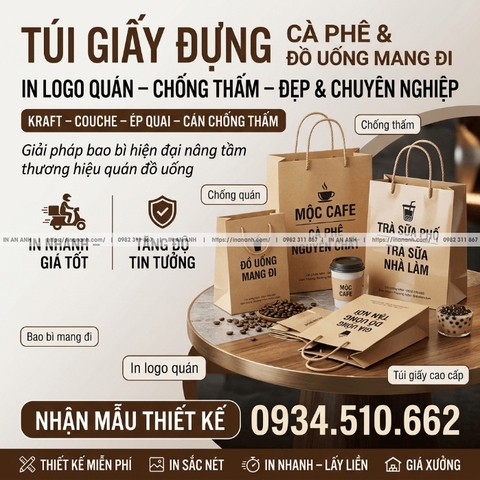 Túi Giấy Đựng Cà Phê, Đồ Uống Mang Đi - In Logo Quán, Chống Thấm