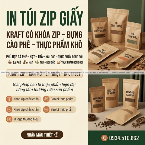 In Túi Zip Giấy - Kraft Có Khóa Zip, Đựng Cà Phê, Thực Phẩm Khô