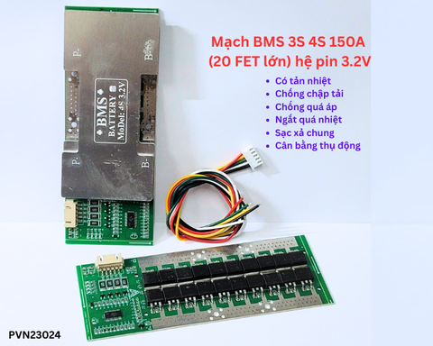 Mạch BMS 3S 4S 150A pin 3.2V (20 FET) có tản nhiệt, liên tục 60A, có chống chập tải,ngắt quá nhiệt sạc xả chung G2-B1-B2-B3