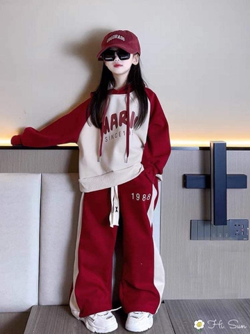 Bộ nỉ bông Marin áo hoodie raglan đỏ be quần loe hãng Hi.Sun