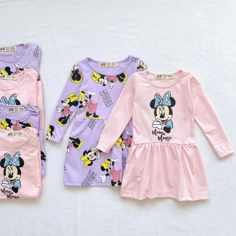 Set 2 váy cotton dài tay H&M Minnie tím, hồng 2022