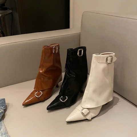 G008 (Bốt) Boots Yếm Cổ Thấp Nữ Phối Khuy Gót Nhọn Đẹp Thời Trang