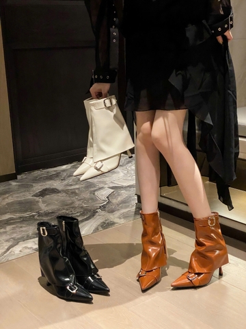G008 (Bốt) Boots Yếm Cổ Thấp Nữ Phối Khuy Gót Nhọn Đẹp Thời Trang