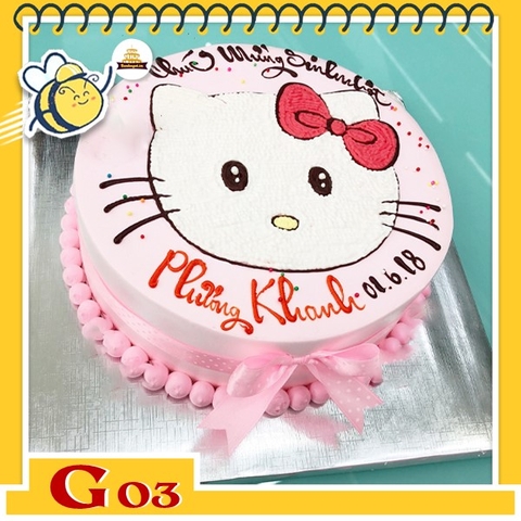 Bánh sinh nhật bé gái G03 màu hồng nhạt vẽ hình hello kitty đáng yêu muốn xỉu