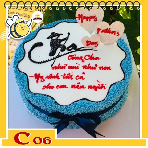 Bánh kem tặng cha C06 viền xung quanh màu xanh dương làm nổi bật vùng trắng ở giữa vẽ chữ Cha hình ảnh người lái đò