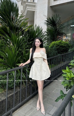 Đầm trễ vai hoa dáng xòe - Kem