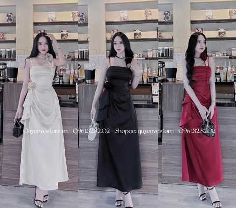 Đầm lụa 2 dây ngực xếp li đính hoa cổ