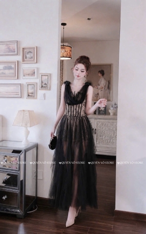 Đầm ren chân váy lưới sang chảnh - Đen