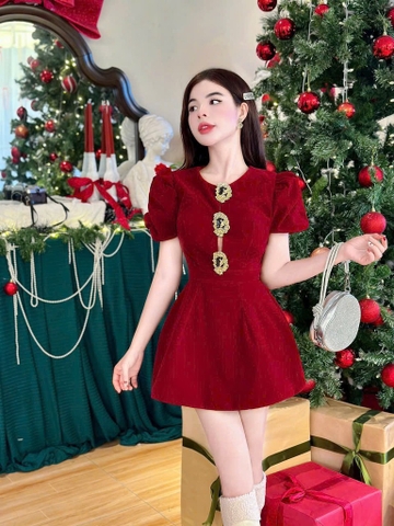 Đầm nhung đỏ tay phồng nhún khoét eo kèm tag