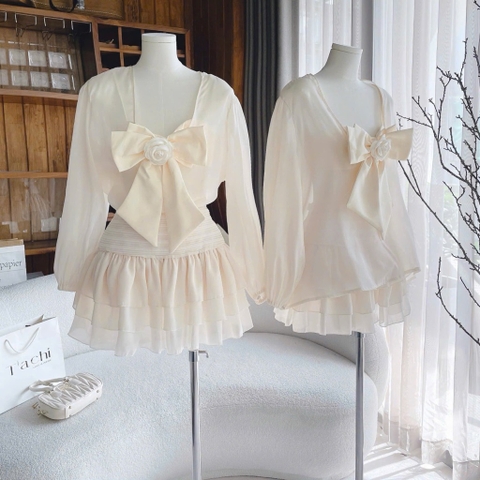 Set voan nude nơ ngực x chân váy tầng