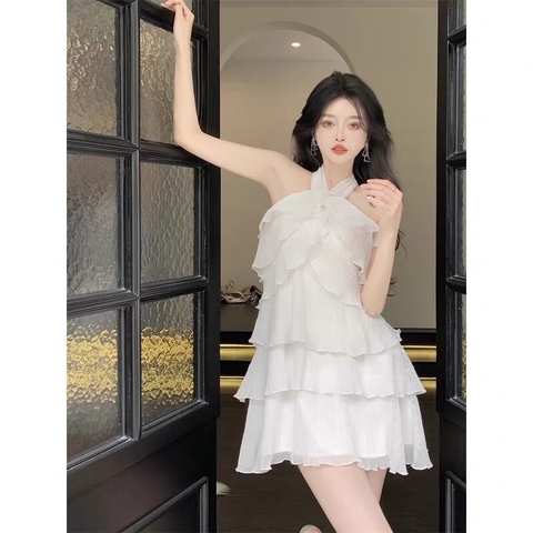 Đầm trắng cổ yếm bèo tầng - S