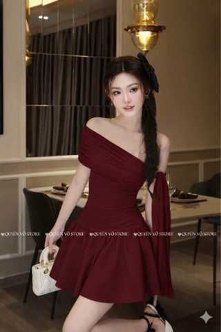 Đầm nhún lệch vai cột nơ - Đỏ