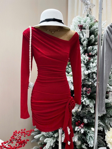 Đầm ôm body nhún eo tua rua - Đỏ