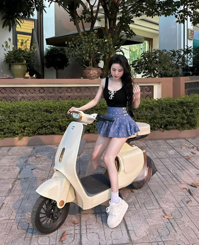 Set áo thun đen nơ chân váy denim  - S eo 64