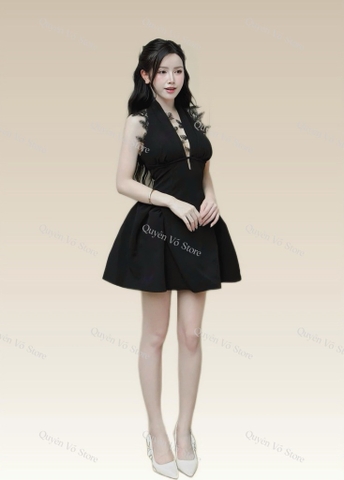 Đầm yếm phối ren lưng - Đen