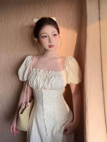 Đầm hoa nhí nơ ngực tay bồng