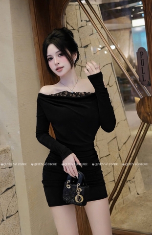 Đầm ôm body phối ren viền - Đen