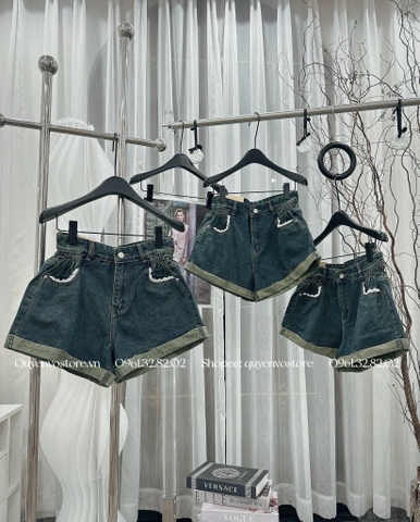 QJ 2184 Quần jean đùi ren viền túi