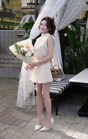 Set voan nude cổ lọ chân váy dập li