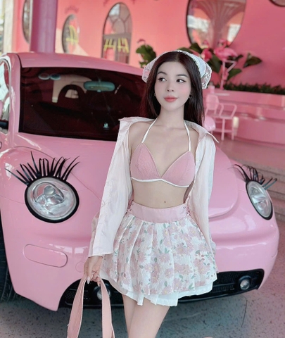 Set bikini 3 món chân váy xô hoa